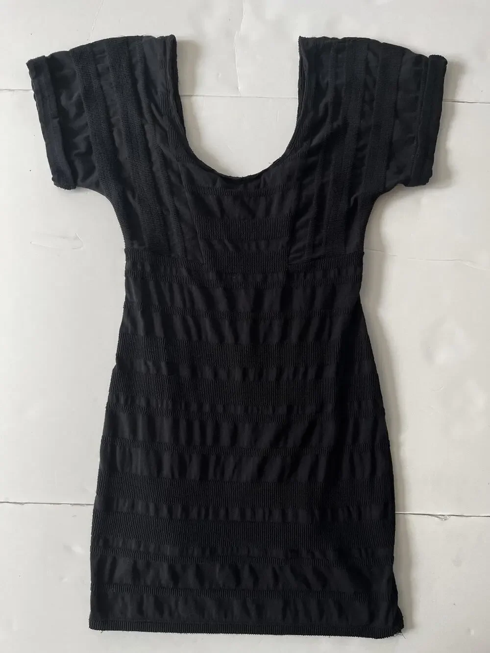 Free People Dress Womens M Black Textured Stripe Bodycon Mini Scoop Neck Stretch